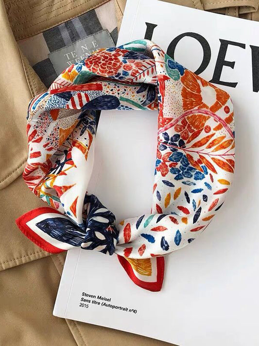 Square Flower Print Leaves Print Scarf