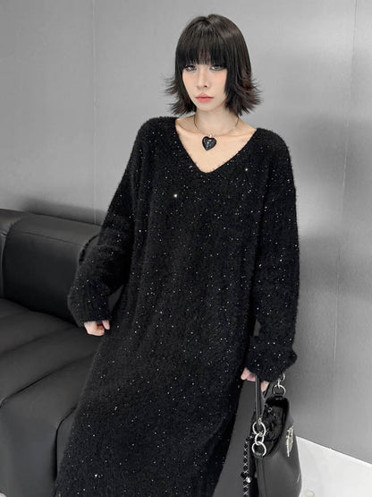 Irregularity Long Sleeves Contrast Color Sequined Shiny Split-Joint Tasseled V-Neck Midi Dresses Sweater Dresses