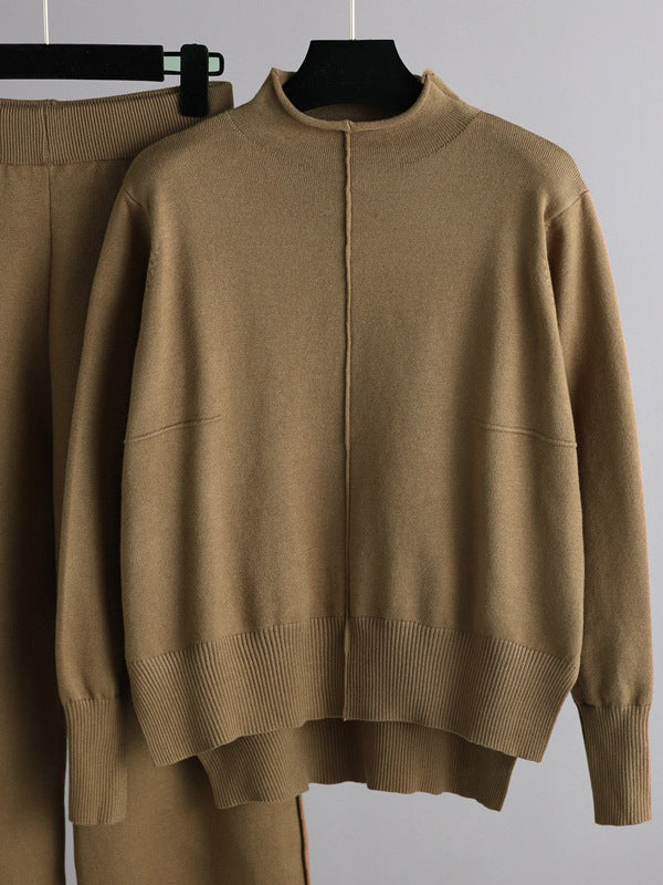 Stylish High-Low Long Sleeves Split-Side Solid Half Turtleneck Sweater Tops & Wide Leg Pants Two Pieces Set