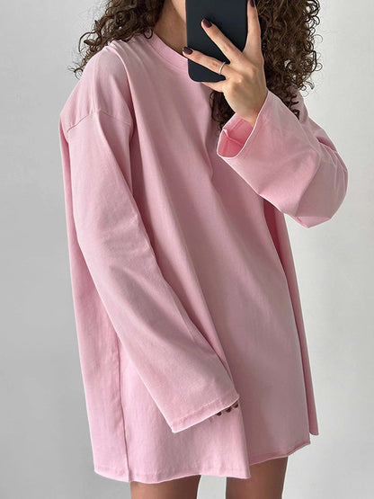 Long Sleeves Loose Solid Color Round-Neck T-Shirts Tops
