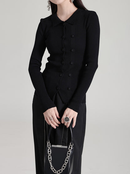 Long Sleeves Skinny Buttoned Solid Color Lapel Cardigan Tops