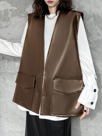 Loose Solid Color V-Neck Sleeveless Buttoned Pockets Vest Top + High Waisted Elasticity Tasseled Skirt Bottom Two Pieces Set