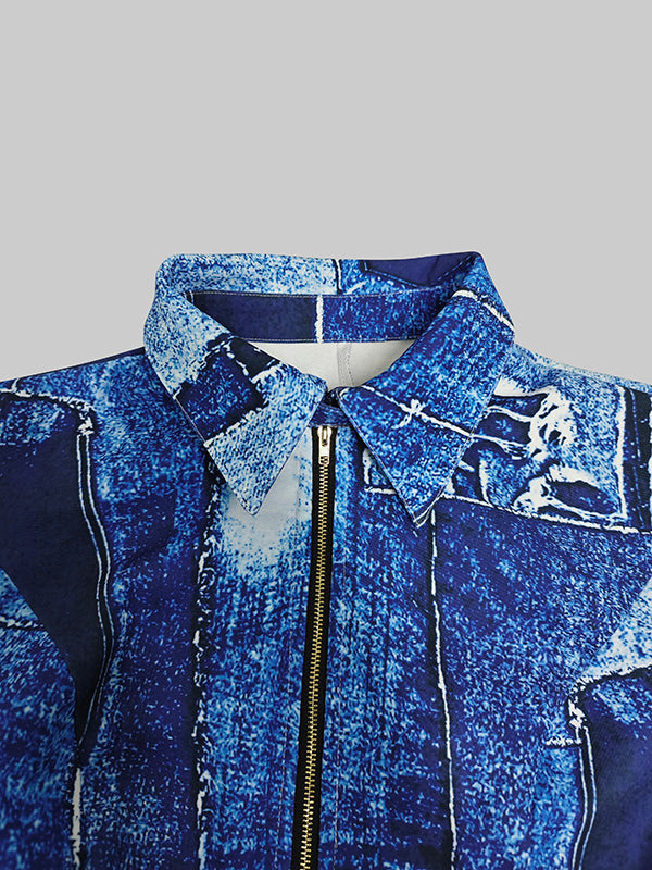 Long Sleeves Printed Zipper Lapel Maxi Dresses Shirt Dress