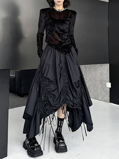 A-Line Elasticated Waist Asymmetric Drawstring Pleated Solid Color Skirts Bottoms