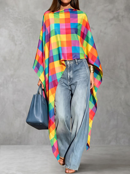 Rainbow Plaid Contrast Color Asymmetric Loose Long Sleeves Boat Neck Blouses&shirts Tops