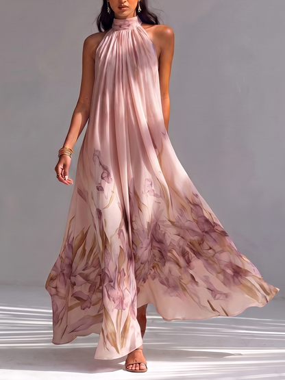 Split-Joint Printed Pleated Contrast Color Sleeveless Loose Stand Collar Maxi Dresses