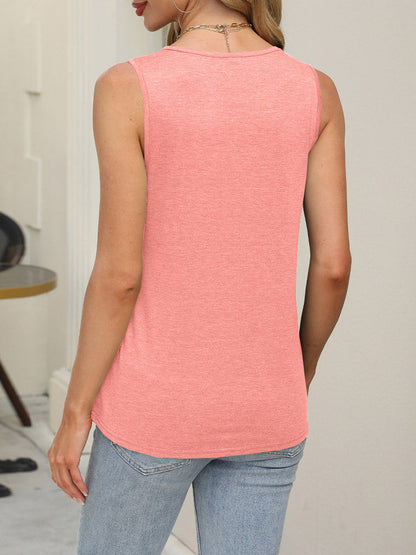 Loose Sleeveless Pleated Solid Color Round-Neck Tank Top