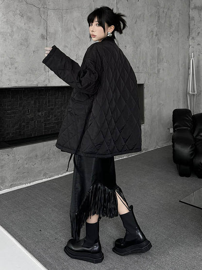 Long Sleeves Loose Plaid Quilted Solid Color Split-Joint Tied Collarless Outerwear Padded Coat