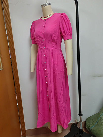 Puff Sleeves Short Sleeves Buttoned Solid Color Round-Neck Midi Dresses Shirt Dress