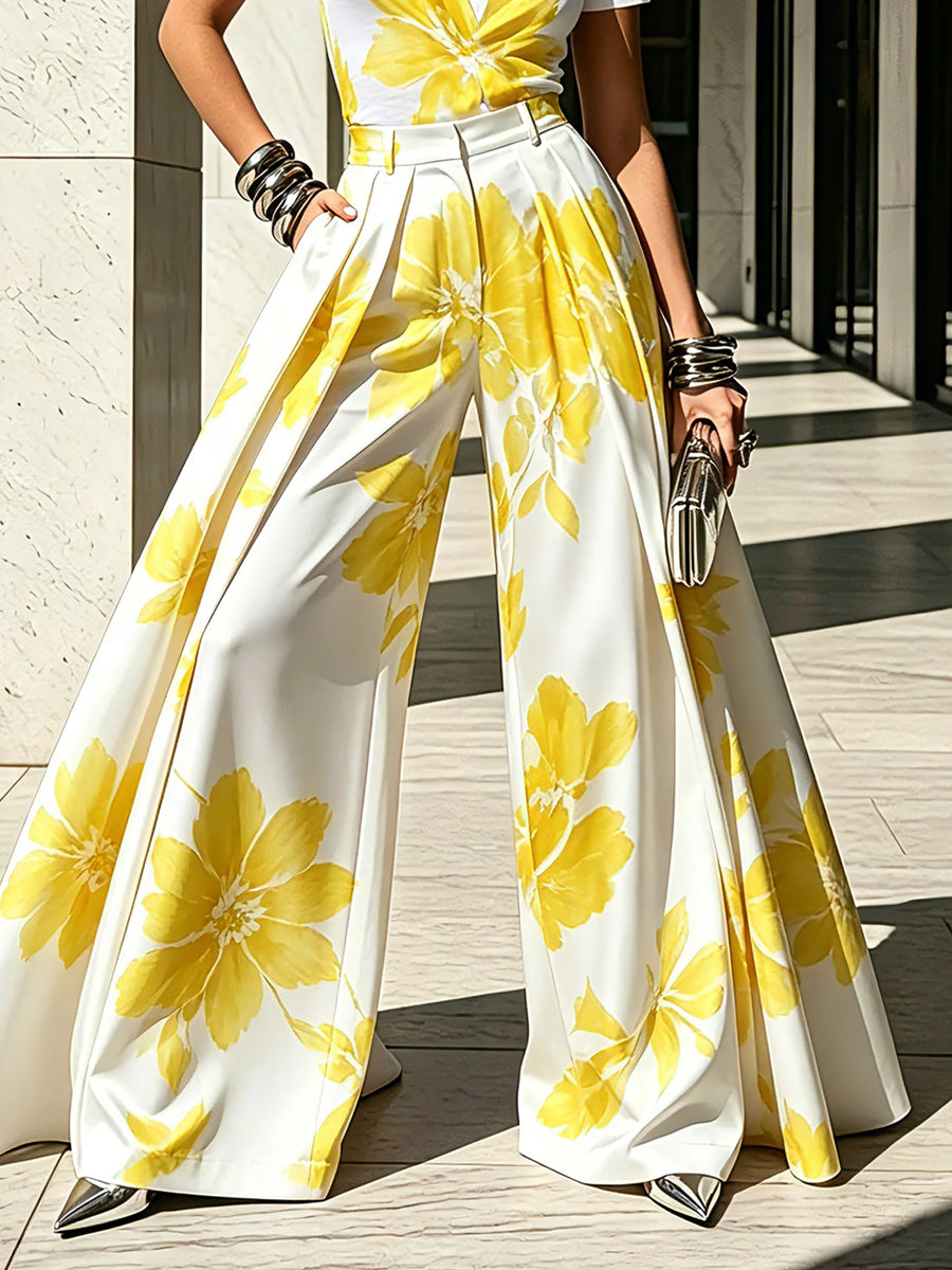 High Waisted Wide Leg Flower Print Pleated Pockets Pants Trousers