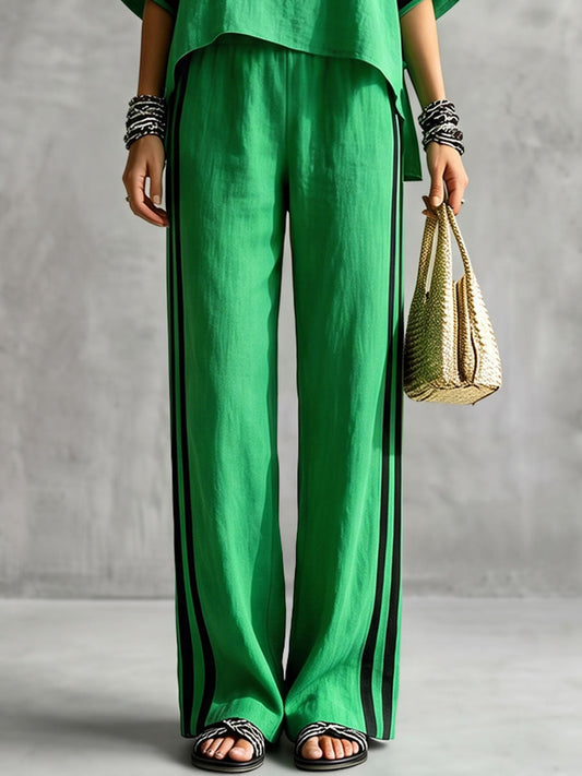 Striped Pockets Elasticity Contrast Color Wide Leg High Waisted Trousers Pants