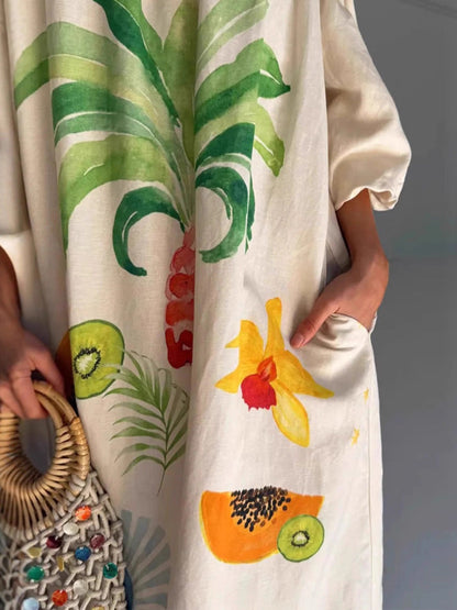 A-line Long Sleeves Contrast Color Pleated Pockets Printed Split-back Split-Joint Off-the-shoulder Maxi Dresses