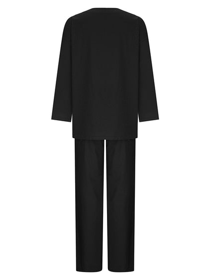 Solid Color Loose Long Sleeves Round-Neck Shirts Top + Drawstring Pants Bottom Two Pieces Set