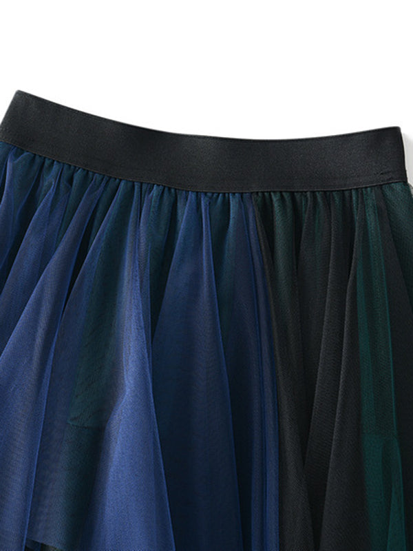 Urban Green Blue Contrast Color Irregular A-Line Gauze Skirts