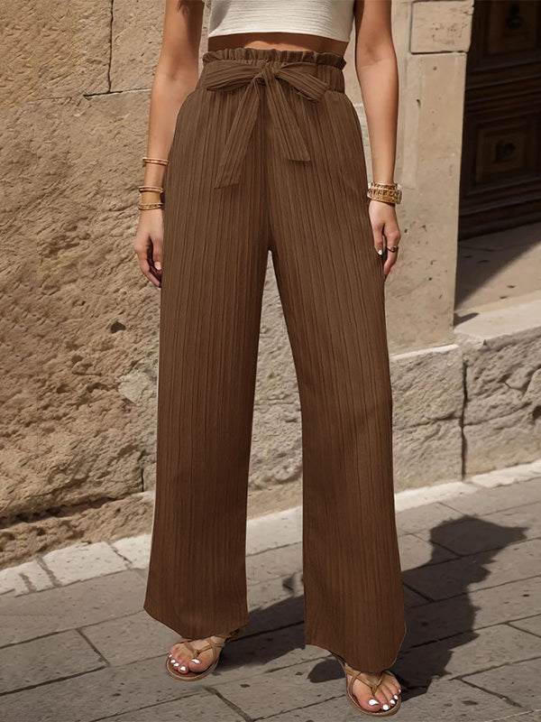 High Waisted Loose Elasticity Pleated Solid Color Tied Waist Pants Trousers