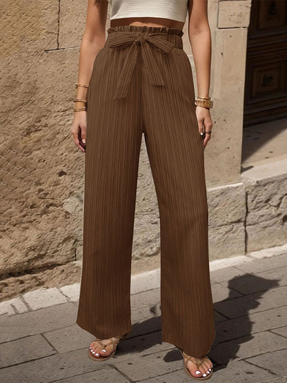 High Waisted Loose Elasticity Pleated Solid Color Tied Waist Pants Trousers