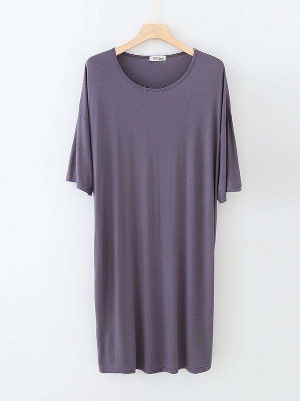 High Waisted Loose Solid Color Split-Joint Round-Neck Pajama Dress