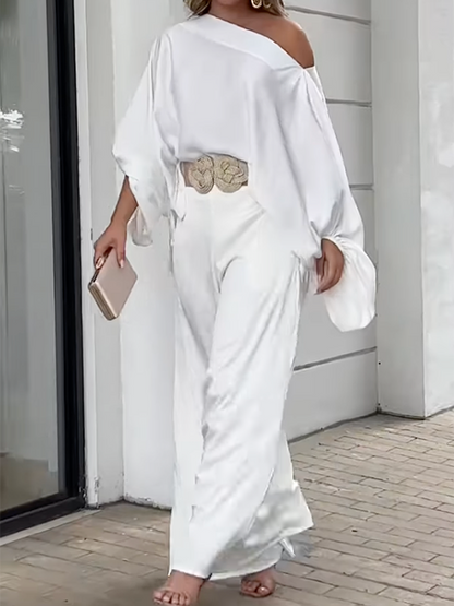 Loose Solid Color Cap Sleeve Off-The-Shoulder Blouses & Pants Two Pieces Set