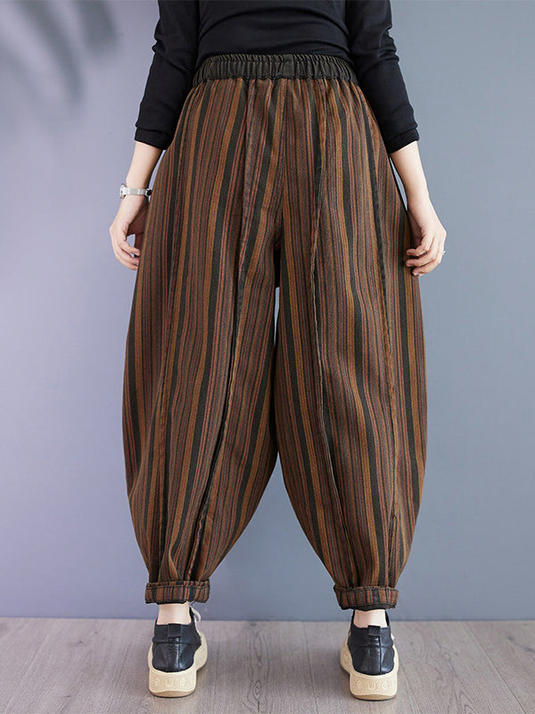 Harem Pants High Waisted Drawstring Elasticity Split-Joint Striped Pants Trousers