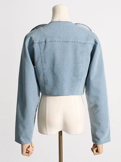 Long Sleeves Loose Buckle Three-Dimensional Flower Round-Neck Denim Jackets Outerwear