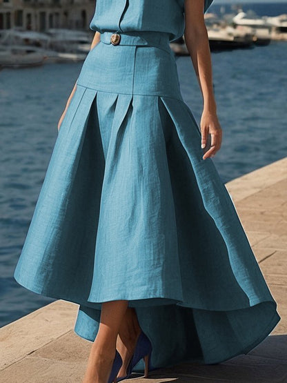 High Waisted High-Low Belted Pleated Solid Color Skirts Bottoms