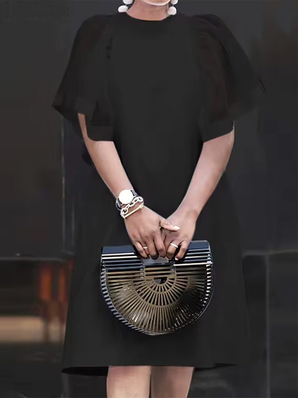 Short Sleeves Pleated See-Through Solid Color Split-Joint Round-Neck Mini Dresses