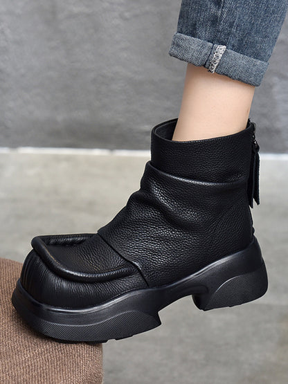 Platform Round-Toe Solid Color Zipper Boots