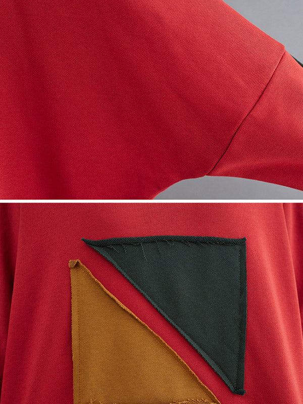Artistic Retro Loose Triangle Applique Contrast Color Round-Neck Long Raglan Sleeves Sweatshirt