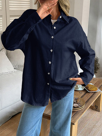 Long Sleeves Loose Buttoned Solid Color Lapel Blouses&Shirts Tops
