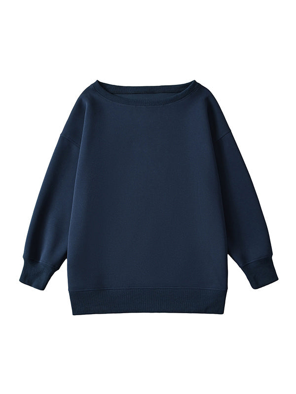 Long Sleeves Loose Solid Color Split-Joint Round-Neck Sweatshirt Tops