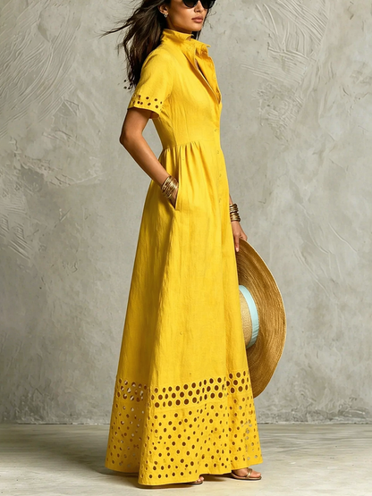 High Waisted Loose Buttoned Elasticity Hollow Pockets Solid Color Split-Front Lapel Maxi Dresses