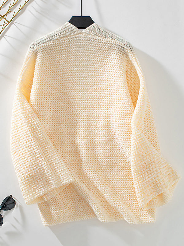 Long Sleeves Loose Pockets Solid Color Split-Joint Collarless Cardigan Tops
