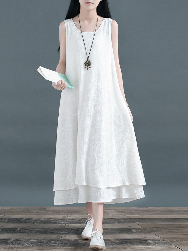 A-Line Loose Double Layered Solid Color Tied Waist Round-Neck Midi Dresses
