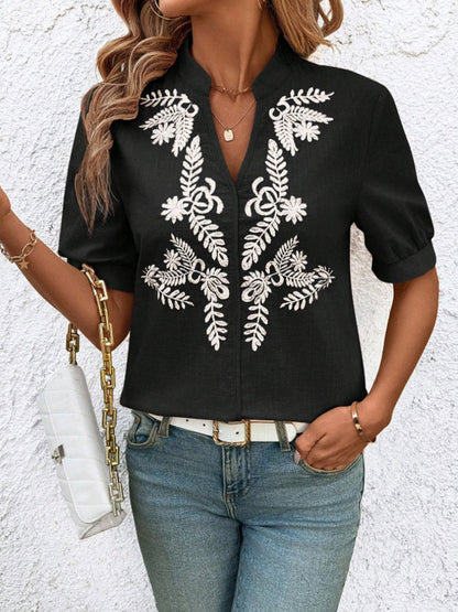 Loose Short Sleeves Flower-Embellished Contrast Color Split-Joint Stand Collar Blouses&Shirts Tops