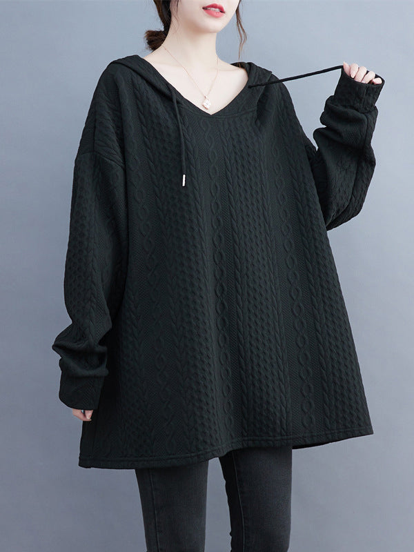 Hooded Long Sleeves Drawstring Jacquard Solid Color Split-Joint Hoodies Tops