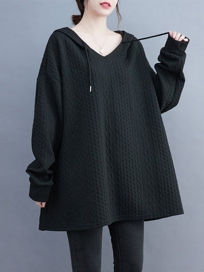 Hooded Long Sleeves Drawstring Jacquard Solid Color Split-Joint Hoodies Tops