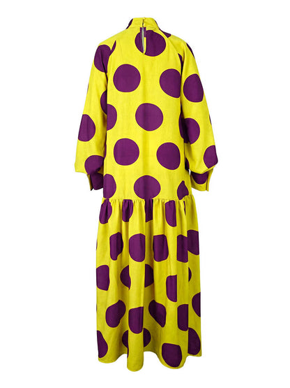 Long Sleeves Loose Big Hemline Contrast Color Pleated Polka Dot Split-Joint Half Turtleneck Maxi Dresses