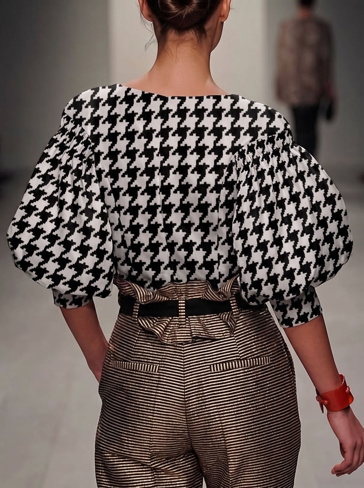 Split-Joint Printed Houndstooth Contrast Color Puff Sleeves Loose Boat Neck Blouses&shirts Tops