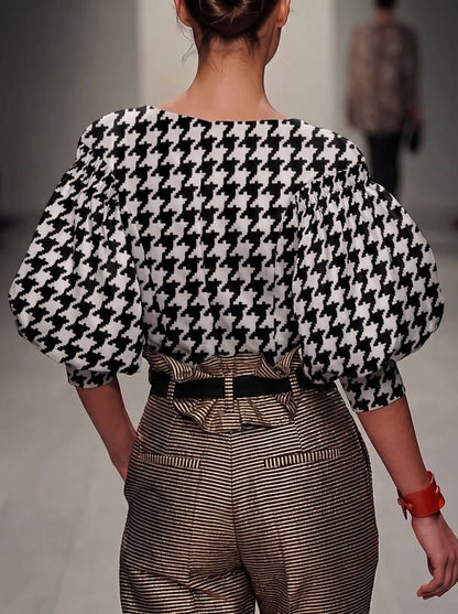 Split-Joint Printed Houndstooth Contrast Color Puff Sleeves Loose Boat Neck Blouses&shirts Tops
