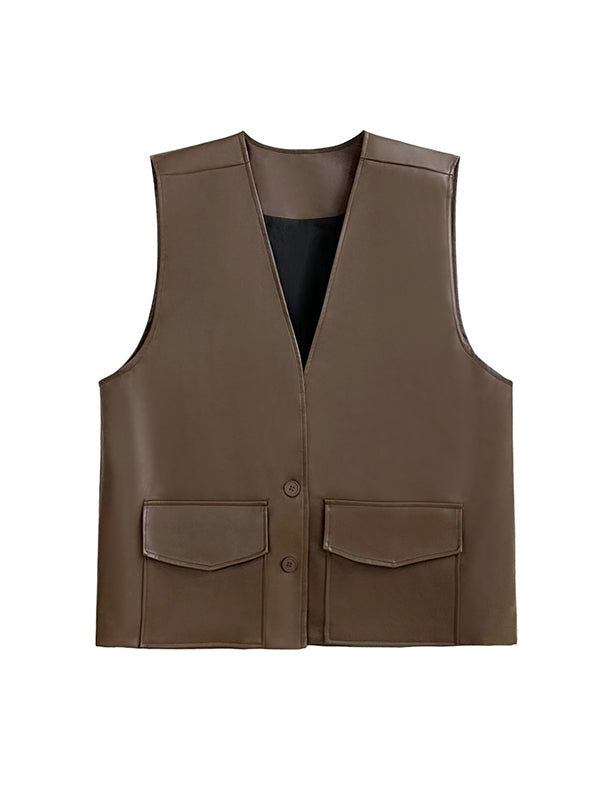 Loose Solid Color V-Neck Sleeveless Buttoned Pockets Vest Top + High Waisted Elasticity Tasseled Skirt Bottom Two Pieces Set