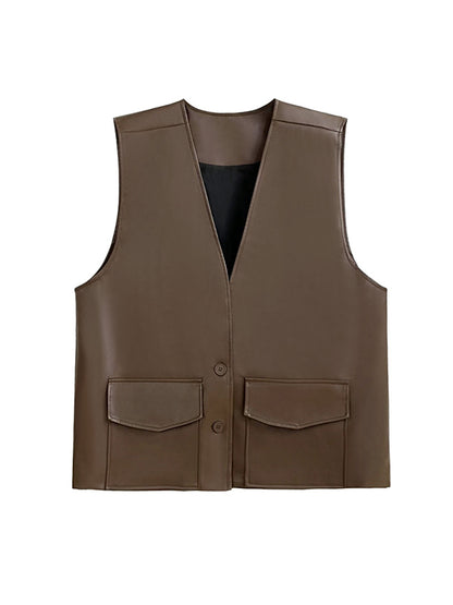 Loose Solid Color V-Neck Sleeveless Buttoned Pockets Vest Top + High Waisted Elasticity Tasseled Skirt Bottom Two Pieces Set