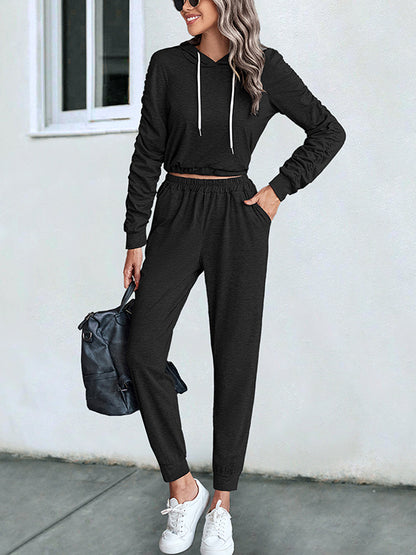 Solid Color Long Sleeves Pleated V-Neck Hoodies Top + Drawstring Elasticity Pants Bottom Two Pieces Set