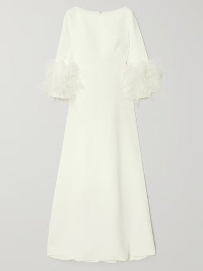 Elegant Simple Black And White Feather Long Sleeve Party Dress