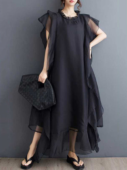 Loose Ruffle Sleeves Falbala Ruffled Solid Color Round-neck Midi Dresses
