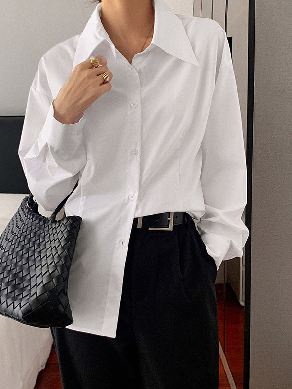 Long Sleeves Loose Buttoned Solid Color Lapel Blouses&Shirts Tops