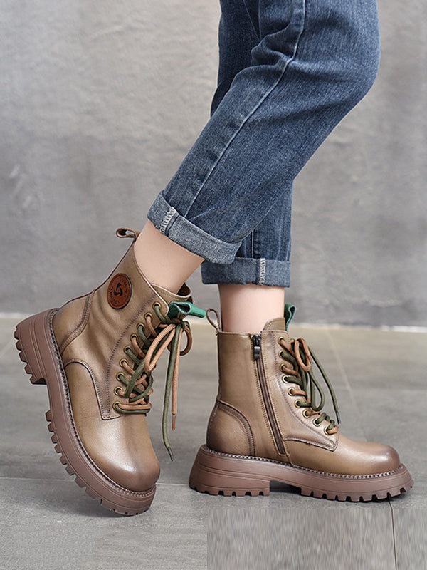 Muffin Heel Round-Toe Tied Zipper Boots
