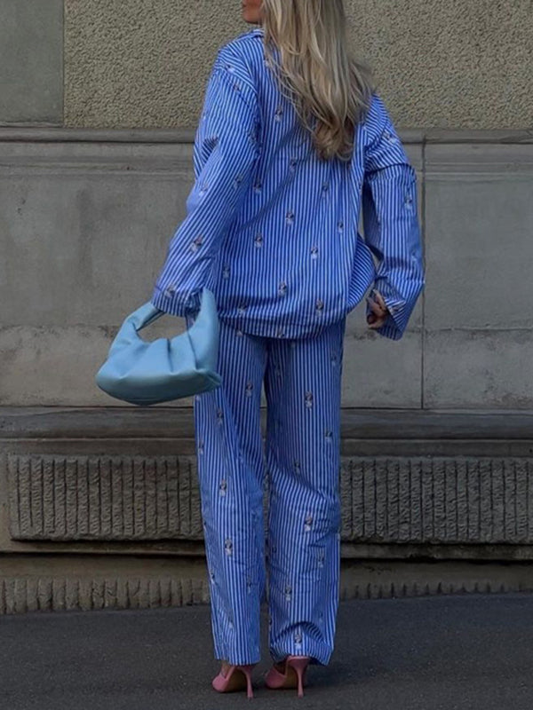 Long Sleeves Buttoned Cartoon Printed Contrast Color Striped Lapel Blouses Tops + Tied Waist High Waisted Pants Bottom Two Pieces Set