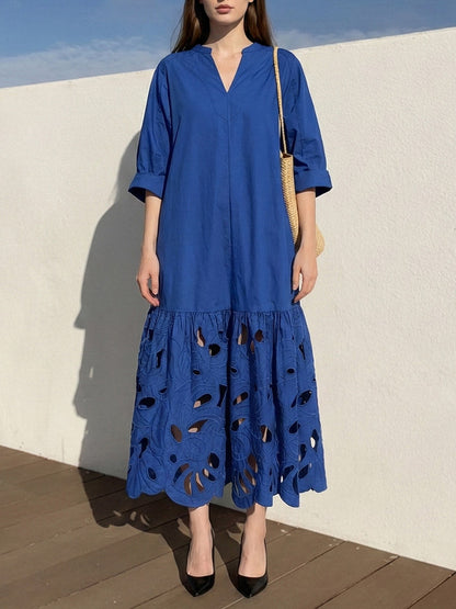 A-Line Long Sleeves Hollow Pleated Solid Color Split-Joint V-Neck Maxi Dresses