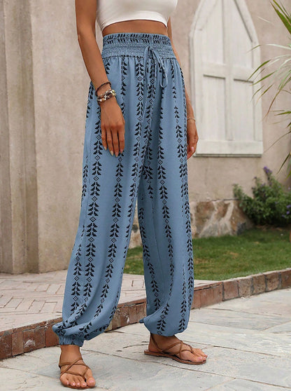 High Waisted Drawstring Pockets Printed Tied Pants Trousers