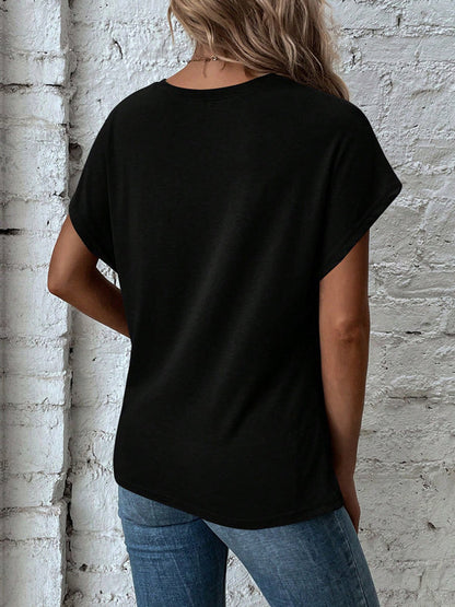 Batwing Sleeves Loose Asymmetric Pleated Solid Color Split-Joint Round-Neck T-Shirts